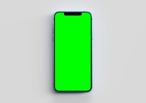 Iphone 12 Pro max 3d render realistic mock up on white backgound with green screen to replace with your design