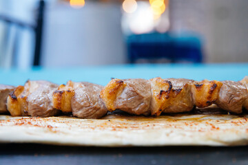 Skewers of grilled shish kebab or barbecued shashlik meat. 