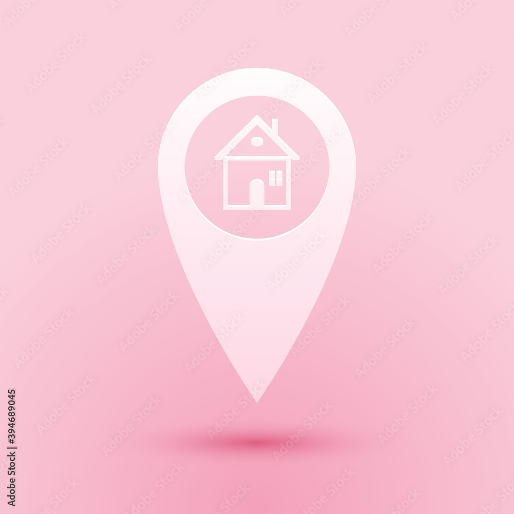 Poster paper cut map pointer with house icon isolated on pink background. home location marker symbol. pape