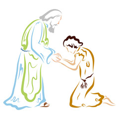 The old father holds the hands of the returned prodigal son