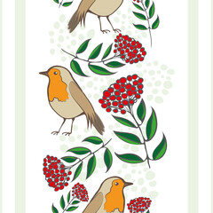 Robin Redbreast, berries, leaves, stripes seamless vector pattern background. Geometric backdrop with garden birds and red fruit cotoneaster plant. Winter nature wildlife and botanical all over print.