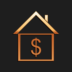 Gold House with dollar icon isolated on black background. Home and money. Real estate concept. Long shadow style. Vector.