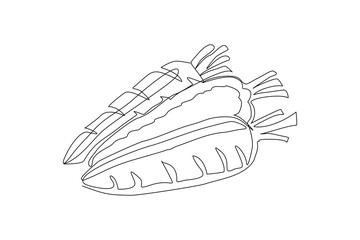 Continuous line drawing of sliced carrot. One line art of carrot vegetable. Single line draw of healthy vegetable for lifestyle. Vector illustration