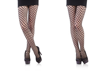 Woman in fishnet stockings isolated on white