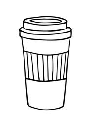 A disposable cup for hot drinks. Cup for coffee with lid.Contour drawing by hand, vector.