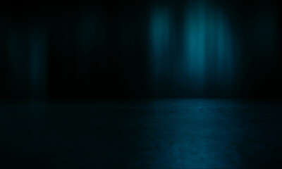 Obraz premium Dark abstract background toned in blue. Smoke, fog, smog, the reflection of a neon spotlight on the asphalt. Empty street background at night. 3d illustration