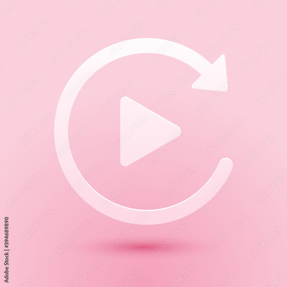 Poster paper cut video play button like simple replay icon isolated on pink background. paper art style. ve