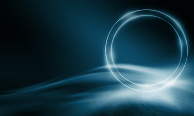 Dark abstract background toned in blue. Smoke, fog, smog, the reflection of a neon spotlight on the asphalt, neon figures. Empty street background at night. 3d illustration