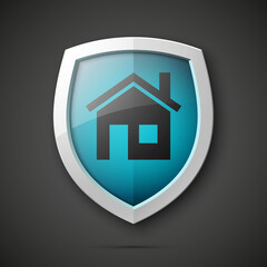 Protected guard shield house concept. Safety badge home icon. Privacy banner shield house. Security home label. Defense tag. Presentation shining sticker shape. defense safeguard shield sign