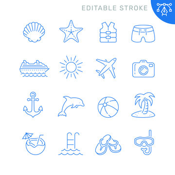 Holiday and summer related icons. Editable stroke. Thin vector icon set
