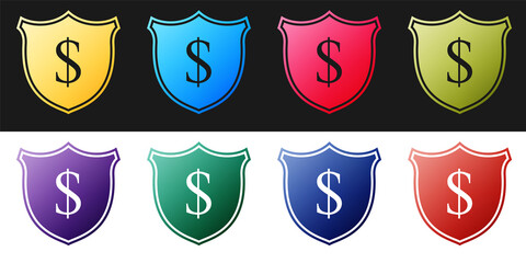 Set Shield and dollar icon isolated on black and white background. Security shield protection. Money security concept. Vector.
