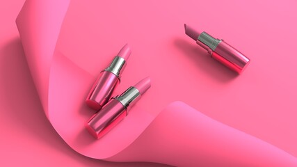Obraz premium Luxury lipsticks with pink colour ribbon make-up and cosmetics for beauty brand product design. Glamorous and fashionable lipsticks and accessories . This is a 3d render