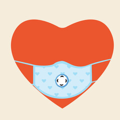 Heart, face mask isolated for for valentine, flat vector stock illustration as a concept of wearing a face mask or respirator