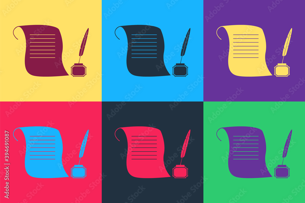 Poster pop art feather in the inkwell and paper scroll icon isolated on color background. vector.