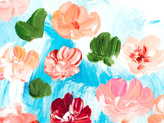 Abstract red and pink  flowers, art painting, creative hand painted background, brush texture