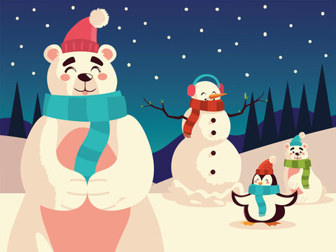 christmas polar bears snowman and penguin in the night snow landscape