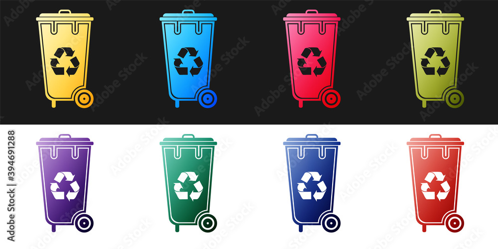 Poster set recycle bin with recycle symbol icon isolated on black and white background. trash can icon. gar