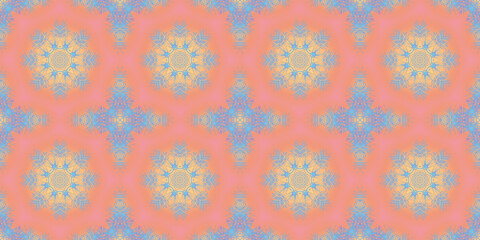 Festive background, abstract pattern, mosaic illustration with kaleidoscope effect, circles, flowers, snowflakes.