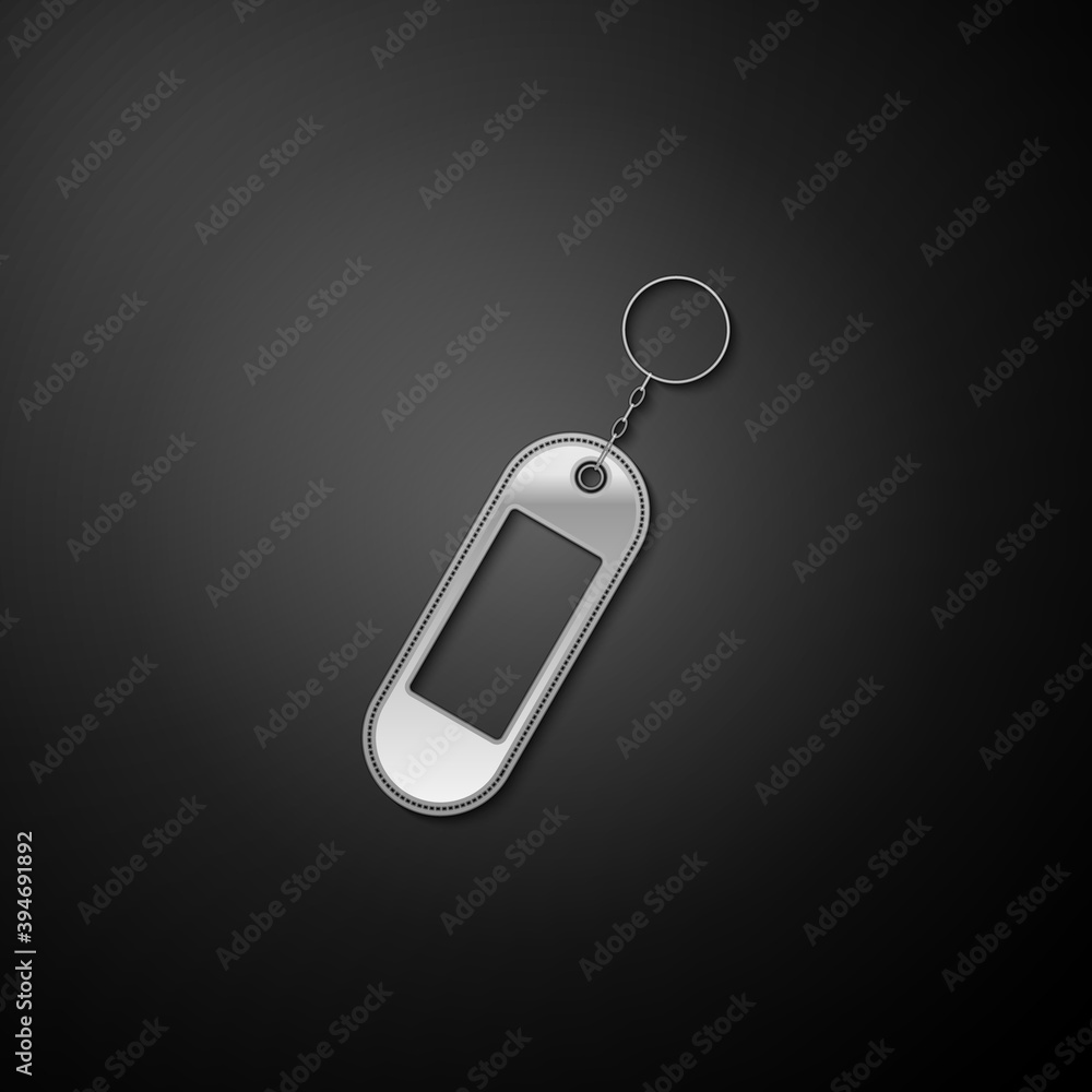Poster silver key chain icon isolated on black background. blank rectangular keychain with ring and chain f