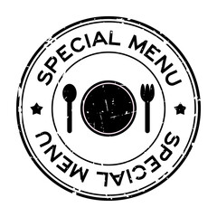 Grunge black special menu word with dish, spoon and fork icon rubber seal stamp on white background
