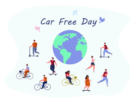 Car Free Day.Day Without a Car.Bicycle and Earth.Sepember 22. World Environment Eay.Ecological Clean Earth.People Walking or Riding Bicycle or Scooter.Birds on Background.Flat Vector Illustration