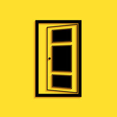 Black Open door icon isolated on yellow background. Long shadow style. Vector.