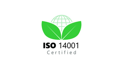 ISO 14001 certified international standard organization environtment management globe and green leaf vector illustration