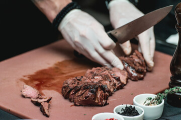 hands of chef making healthy fresh fajitas or fajitos with beef. Easy, but tasty, healthy. National Mexican food, fresh oganic food.