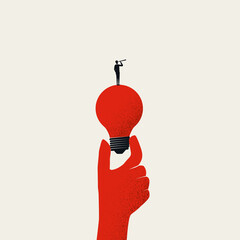 Business vision, creativity and new ideas vector illustration concept. Man standing on lightbulb with telescope. - obrazy, fototapety, plakaty