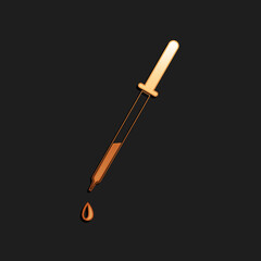 Gold Pipette icon isolated on black background. Element of medical, chemistry lab equipment. Pipette with drop. Medicine symbol. Long shadow style. Vector.