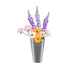 Bouquet of flowers in a flower bucket on a white isolated background.