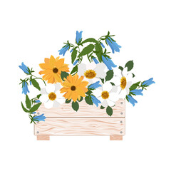Bouquet garden of flowers in a wood box on a white isolated background.