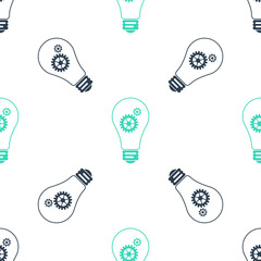 Green Light bulb and gear inside icon isolated seamless pattern on white background. Innovation concept. Vector.