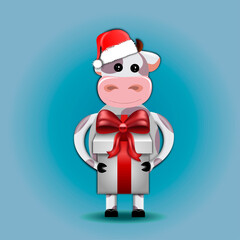 christmas bull with a gift in a hat