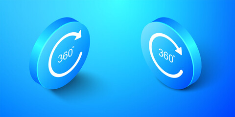 Isometric Angle 360 degrees icon isolated on blue background. Rotation of 360 degrees. Geometry math symbol. Full rotation. Blue circle button. Vector.