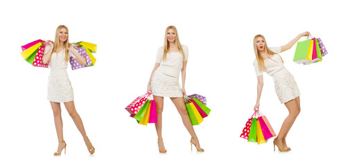 Woman with shopping bags isolated on white