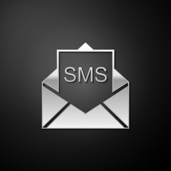 Silver Envelope icon isolated on black background. Received message concept. New, email incoming message, sms. Mail delivery service. Long shadow style. Vector.