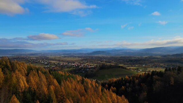 Aerial shot of Babia Gora and Kotlina Żywiecka.