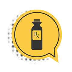 Black Pill bottle with Rx sign and pills icon isolated on white background. Pharmacy design. Rx as a prescription symbol on drug medicine bottle. Yellow speech bubble symbol. Vector.