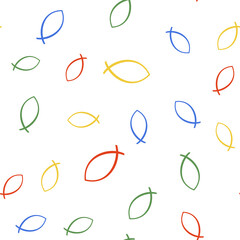 Color Christian fish symbol icon isolated seamless pattern on white background. Jesus fish symbol. Vector.