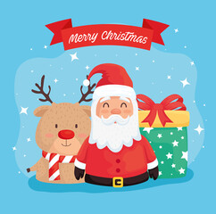 happy merry christmas santa claus with reindeer and gift vector illustration design