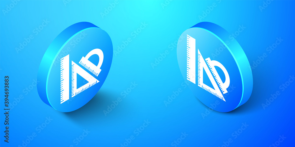 Poster isometric set ruler, triangular ruler and protractor icon isolated on blue background. straightedge 