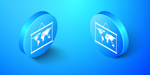 Isometric World map on a school blackboard icon isolated on blue background. Drawing of map on chalkboard. Blue circle button. Vector.