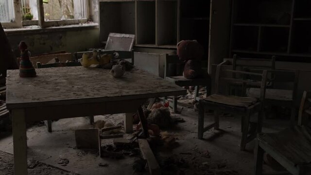 Picture like in a horror film. shot at terrible abandoned school and kindergarten. Video from Pripyat town in the Chernobyl zone. Ukraine 2020