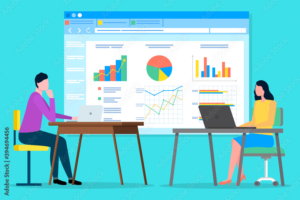 Poster project management and financial report strategy. data analysis team. office workers managers and pr