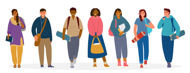 Multiethnic Group Of Students, Teenagers With Books, Backpacks, Skateboards. Flat Vector  Illustration Isolated On White.