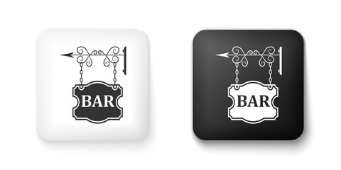 Black and white Vintage signboard outdoor advertising with text Bar icon isolated on white background. Square button. Vector.