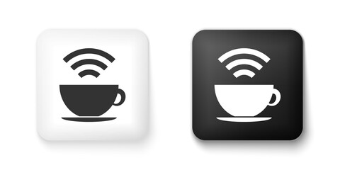 Black and white Cup of coffee shop with free wifi zone icon isolated on white background. Internet connection placard. Square button. Vector.