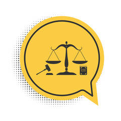 Black Scales of justice, gavel and book icon isolated on white background. Symbol of law and justice. Concept law. Legal law and auction symbol. Yellow speech bubble symbol. Vector.