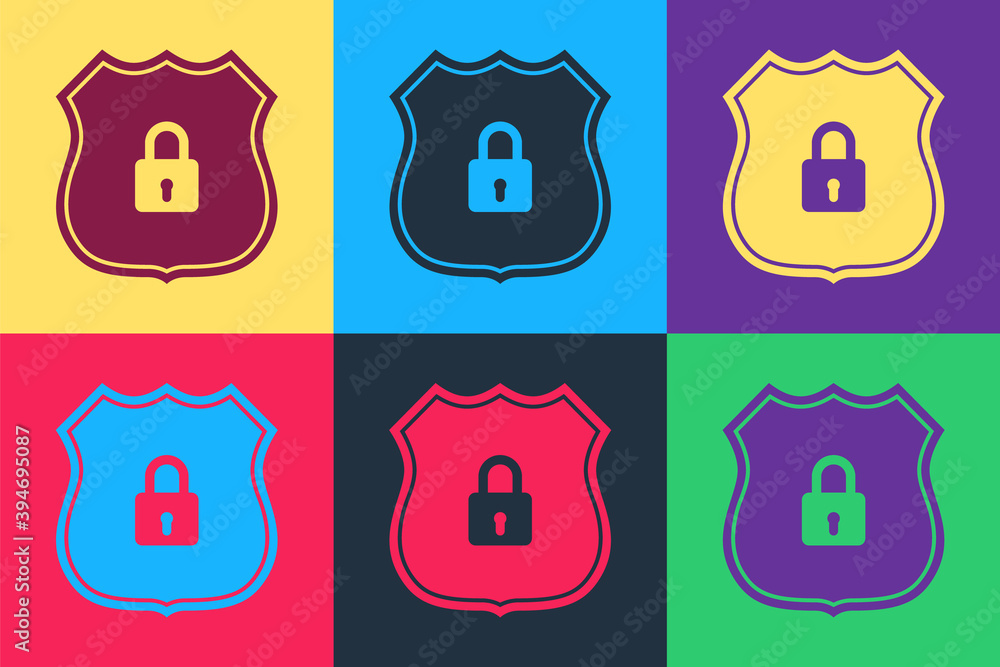 Aufkleber pop art shield security with lock icon isolated on color background. protection, safety, password se
